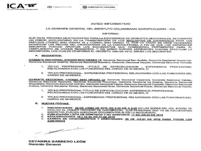 Aviso informativo – Concurso de méritos – Gerentes Seccionales ICA