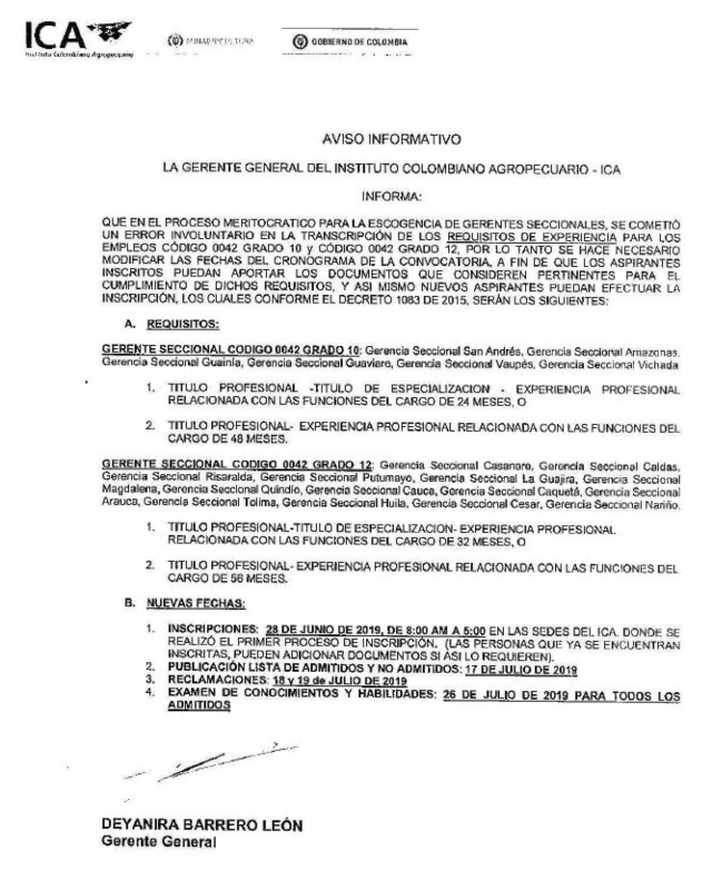 Aviso informativo – Concurso de méritos – Gerentes Seccionales ICA