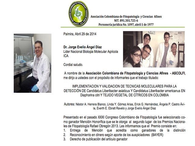 Funcionarios del ICA, en convenio con COLCIENCIAS obtienen importante mención honorífica