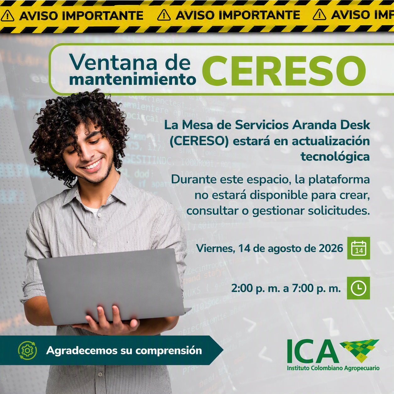 Aviso mantenimiento CERESO 14 de Agosto